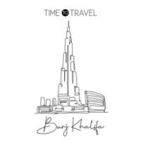 One single line drawing Burj Khalifa Tower landmark. World famous place in Dubai, UAE. Tourism and travel postcard home art wall decor poster print concept. Vector line illustration graphic design