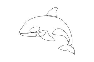 Single continuous line drawing whale killer orca in water. Wild whale killer fish animal mascot for aquatic swimming pool. Orca in under ocean water. One line draw graphic design vector illustration