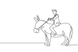 Single one line drawing businessman riding a donkey. Business man rides donkey. Driving donkey. Goal achievement concept. Business competition. Continuous line draw design graphic vector illustration