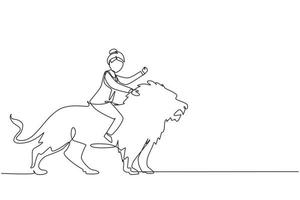 Single one line drawing businesswoman riding lion symbol of success. Business metaphor concept, looking at goal, achievement, leadership. Professional entrepreneur. Continuous line draw design graphic vector