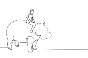 Single continuous line drawing businessman riding hippopotamus symbol of success. Business metaphor concept, looking at goal, achievement, leadership. One line draw graphic design vector illustration