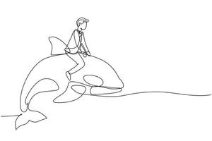 Single one line drawing brave businessman riding huge dangerous orca. Professional entrepreneur male character fight with predator. Successful business man. Modern continuous line draw design graphic vector