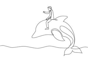 Single one line drawing businessman riding dolphin symbol of success. Business metaphor concept, looking at the goal, achievement, leadership. Continuous line draw design graphic vector illustration