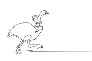 Single continuous line drawing happy little boy riding cute ostrich. Child sitting on back ostrich with holding its neck. Kid learning to ride ostrich. One line draw graphic design vector illustration