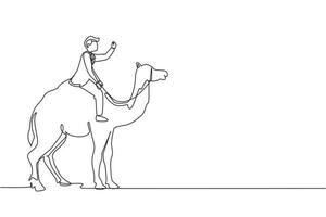 Continuous one line drawing Arabian businessman riding camel. Investment, bullish stock market trading, rising bonds trend. Successful business man trader. Single line draw design vector graphic