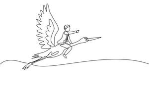 Single continuous line drawing businessman riding stork symbol of success. Business metaphor concept, looking at the goal, achievement, leadership. One line draw graphic design vector illustration