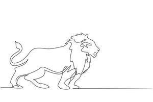 Single continuous line drawing strong lion standing full body, king of the jungle. Strong feline mammal mascot. Dangerous big cat animal logo. Dynamic one line draw graphic design vector illustration