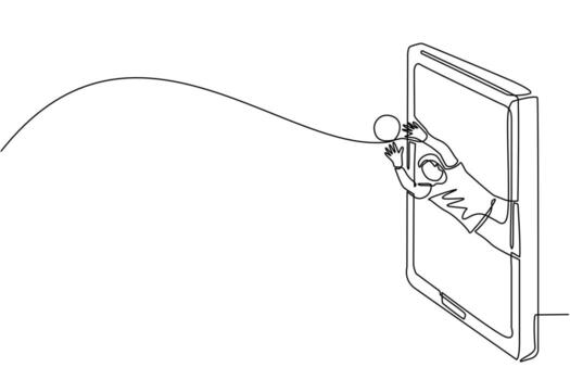 Single one line drawing goalkeeper saving goal on smartphone screen. Soccer player in action. Football player. Goalkeeper defense position. Save penalty. Continuous line draw design graphic vector