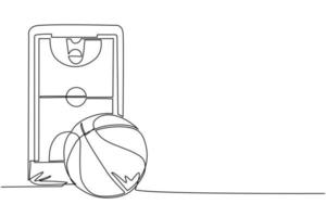 Continuous one line drawing smartphone with app basketball court and ball. Online basketball games. Smartphone applications. Mobile basketball. Single line draw design vector graphic illustration