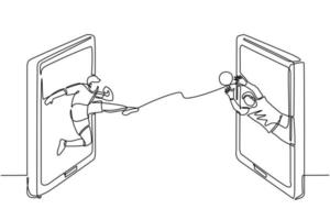 jugador de fútbol de dibujo de una sola línea pateando la pelota, portero salvando el gol en la pantalla del teléfono inteligente. juegos de fútbol en línea. aplicaciones para teléfonos inteligentes. fútbol móvil. vector de diseño de dibujo de línea continua