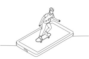 Continuous one line drawing young man riding skateboard on smartphone screen. Stylish male skater in casual outfit. Cool guy moves around city, doing outdoor activities. Single line draw design vector