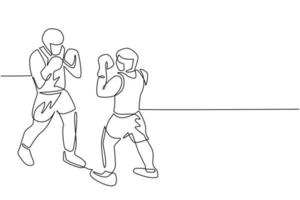 Single continuous line drawing boxers fighting on ring, opponents in shorts and gloves fight on arena with spotlights and ropes. Competition. Dangerous sport. One line draw design vector illustration