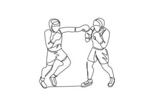 Continuous one line drawing boxers fighting on ring, opponents in shorts and gloves fight on arena with spotlights and ropes. Competition. Dangerous sport. Single line draw design vector illustration