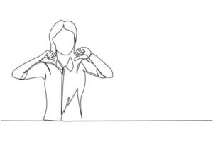 Continuous one line drawing unhappy young woman showing thumbs down sign gesture. Dislike, disagree, disappointment, disapprove, no deal. Emotion, body language concept. Single line draw design vector