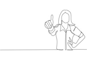 Single continuous line drawing confident businesswoman thumbs up. Excited female dressed in casual wear showing thumbs up sign. Deal, like, agree, approve, accept. One line draw graphic design vector