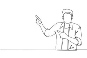 Single one line drawing young man pointing away hands together and showing or presenting something while standing and smiling. Emotion and body language. Continuous line draw design graphic vector