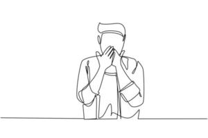 Continuous one line drawing man covering mouth with hands. Male mouth with hand shocked with shame for mistake, expression of fear, scared in silence, secret concept. Single line draw design vector