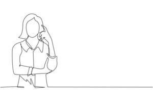 Single continuous line drawing woman touching her temples and remembering something. Female holding finger on head and feeling tired exhausted, chronic work stress. One line draw graphic design vector