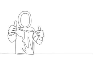 Single one line drawing confident Arab businesswoman thumbs up. Excited female dressed in hijab showing thumbs up sign. Deal, like, agree, approve, accept. Continuous line draw design graphic vector