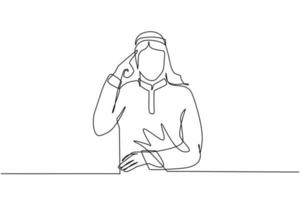 Single continuous line drawing Arabic man touching his temples and remembering something. Male holding finger on head, feeling tired exhausted, chronic work stress. One line draw graphic design vector