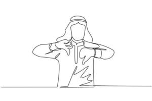 Single continuous line drawing unhappy young Arabian man showing thumbs down sign gesture. Dislike, disagree, disappointment, disapprove, no deal. Emotion, body language. One line draw design vector