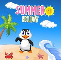 Happy penguin waving on the beach enjoying summer vector