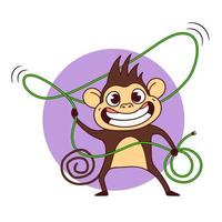 Ilustración de vector de mono de dibujos animados lindo. mono loco con cable de red