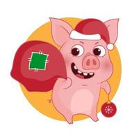 Cute cartoon Pig in Santa hat with a bag of gifts. Vector illustration