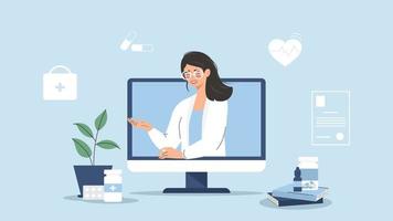 Medical advice and support online. Online doctor. Smiling woman doctor on monitor screen.  Vector for clinic website, apps