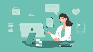 Medical advice or online consultation with a patient and a female doctor. Flat style illustration of a doctor sitting at a computer. Vector
