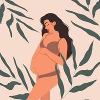 Pregnant woman, future mother, standing against a background of leaves and hugging her belly with her arms in natural on-trend pastel colours.  Flat vector illustration.