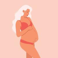 Pregnant woman with white blonde hair, future mother, hugging her belly with her arms in natural fashionable pastel colours.  Flat vector illustration.