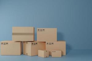 cajas de cartón, caja de carga, paquete sobre fondo blanco. concepto de servicio de entrega rápida. concepto de entrega y compras en línea. ilustración de representación 3d foto