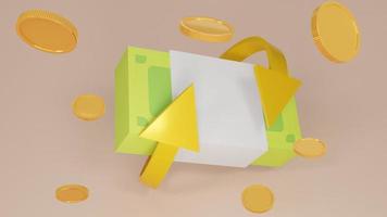 Money banknote Gold coins explosion with gold arrows .Cash back. coins in different positions.Cashback and banking,money-saving.empty copy space.3D rendering illustration. photo