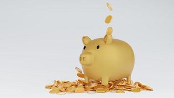 gold piggybank with pile of golden coins.coins flying around the bank isolate white background for commercial design,coins Cashback and banking,money-saving concept.3D rendering illustration