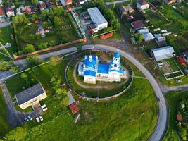 an old Orthodox church village on the river bank.bird's-eye view photo