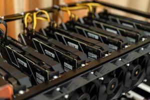 Bitcoin mining farm.  GPU for cryptocurrency miner. photo