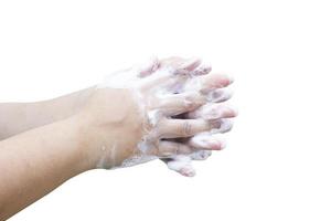 Hands washing soap foam isolated on white background with clipping path,Prevent germs, bacteria or viruses. photo