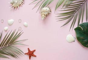 tropical palm leaf branches on pink background with empty space for text. Travel vacation concept. Summer background. Flat lay, top view. photo