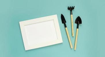 gardening tools and houseplant on color background. frame for mock up. copy space. photo