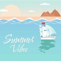 Summer landscape. Sea, mountains and boat. Sammer vibes. Vector illustration