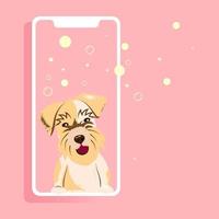 The dog looks out of the phone. Pet care concept for mobile app vector