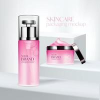 Skin care product mockup on square podium stage 3d vector illustration