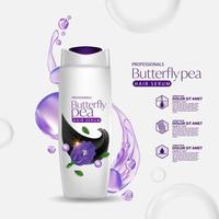productos de embalaje mariposa guisante cuidado del cabello diseño botellas de champú. vector