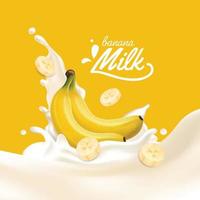 Realistic yellow Banana Milk Splash Vector Illustration
