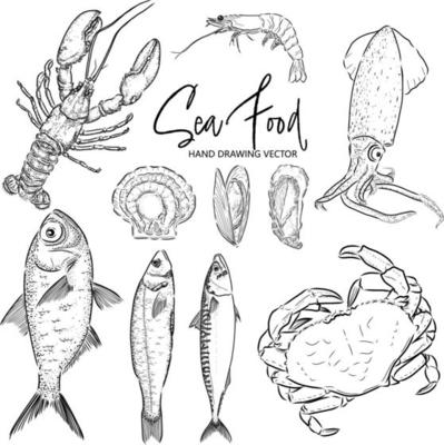 Hand drawn vector seafood set vintage style