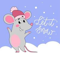 lindo ratón en un sombrero. ilustración de año nuevo. deja que nieve vector