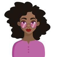 Cartoon girl with curly hair in pink sunglasses. Vector fashion illustration