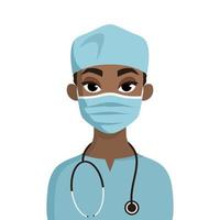 Cartoon portrait of a surgeon with a stethoscope. Doctor in a medical mask. Vector flat illustration