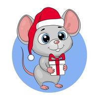 Cute cartoon mouse mouse in a santa hat with a gift. New Year greeting card, vector illustration